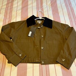 Utility Crop Jacket with Contrast Collar - Brown